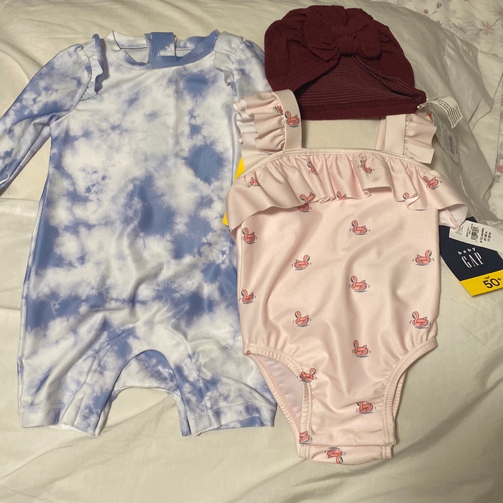 **Brand New** Gap Swimsuit in 6-12months with Brand New Cat & Jack Turban.